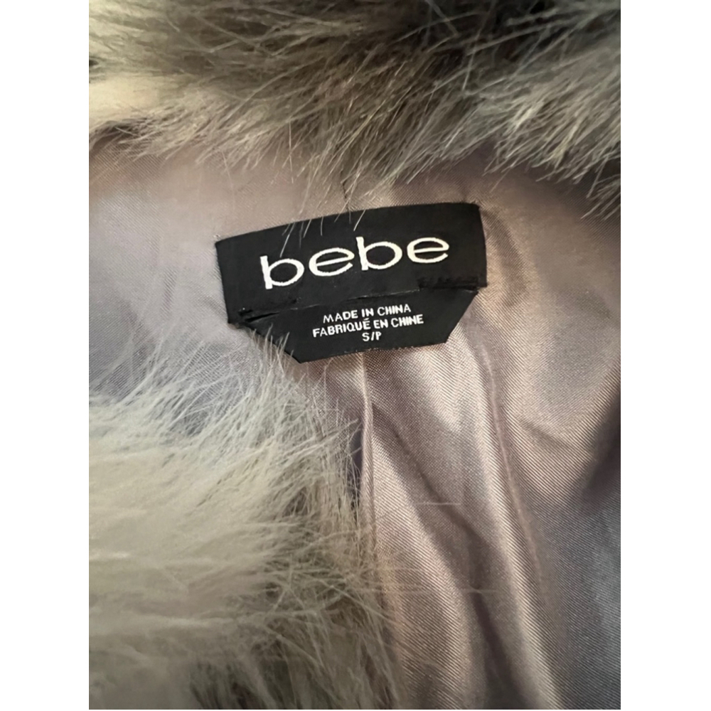 BEBE Black & White Faux Fur Cropped Sleeve Snap Button Mid Length Jacket Coat S - Picture 11 of 12